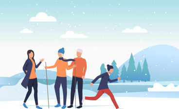 en gruppe mennesker i et snødekt miljø