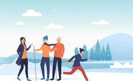 en gruppe mennesker i et snødekt miljø