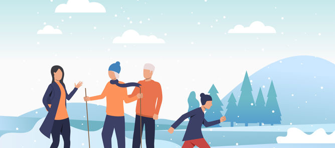 en gruppe mennesker i et snødekt miljø