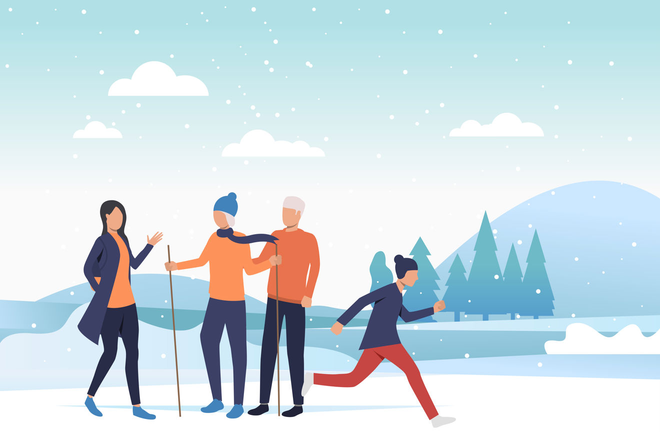 en gruppe mennesker i et snødekt miljø